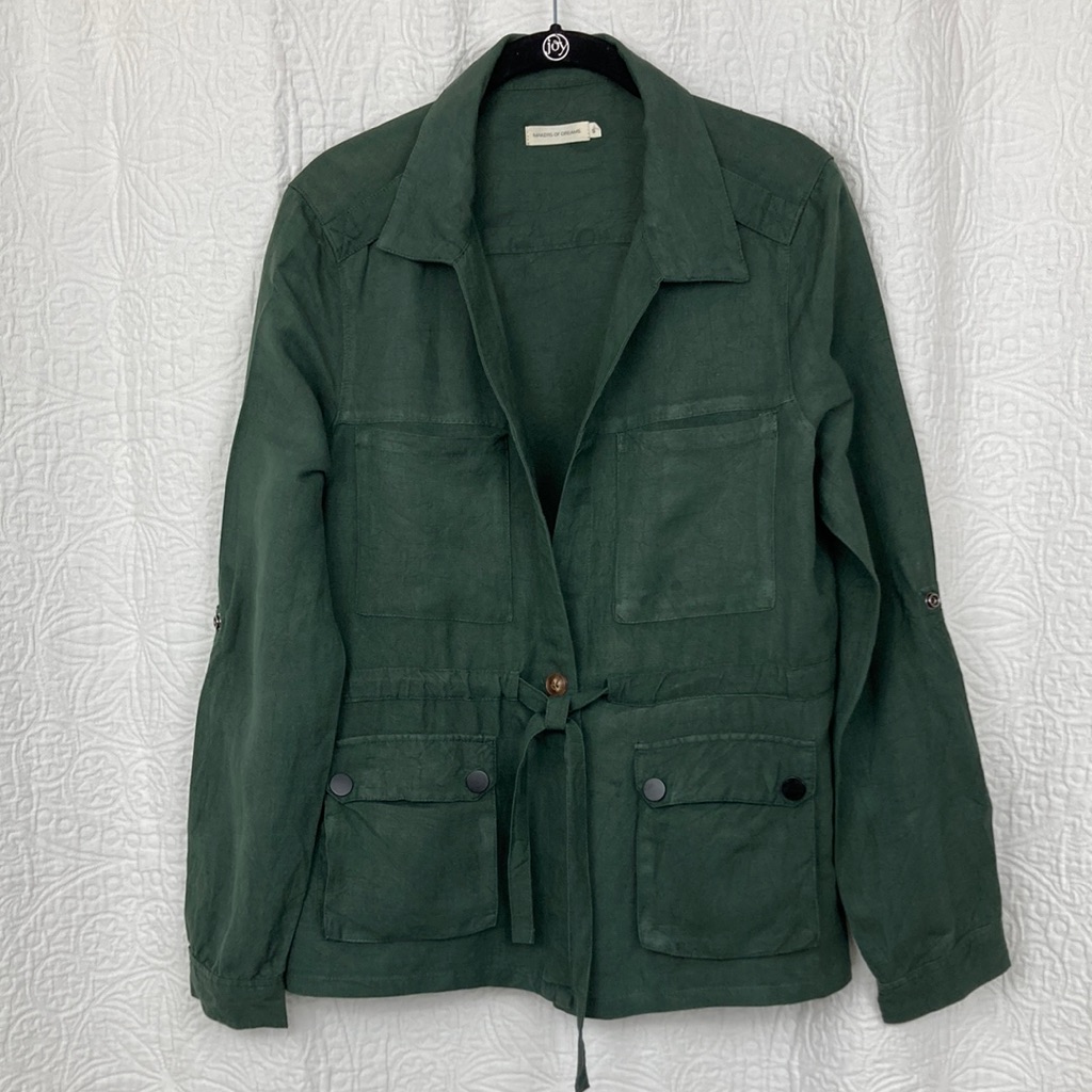 Makers Of Dreams Women’s Olive Linen Blend Tie Waist Utility Jacket Sz Small